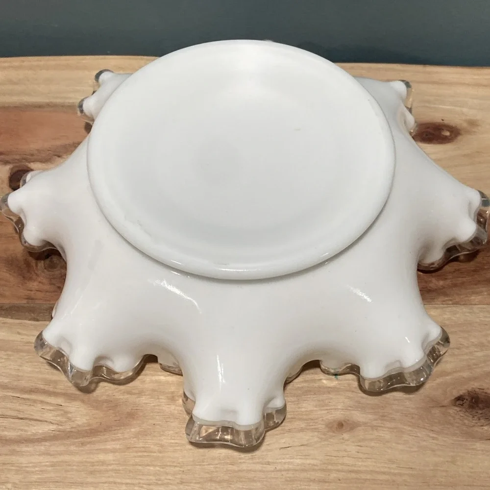 Vintage Fenton Silver Crest White Milk Glass Ruffled Edge Bowl Candy Dish 8